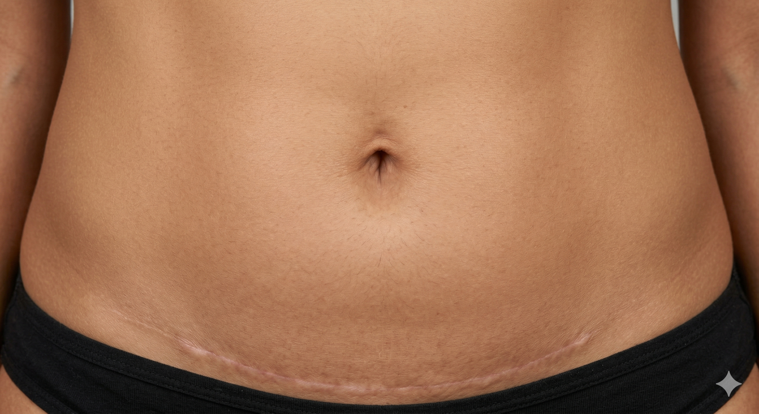 Zoom anatômico de um abdômen feminino com pele esticada após Tummy Tuck, exibindo um umbigo profundo, levemente ovalado e sem cicatrizes circulares aparentes na borda externa da pele.