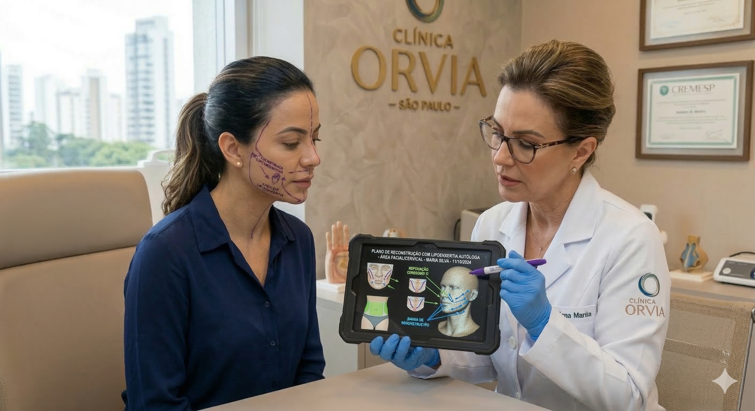 Médico especialista analisando a elasticidade da pele da paciente e planejando desenhos de reconstrução com lipoenxertia autóloga para tapar depressões cirúrgicas.