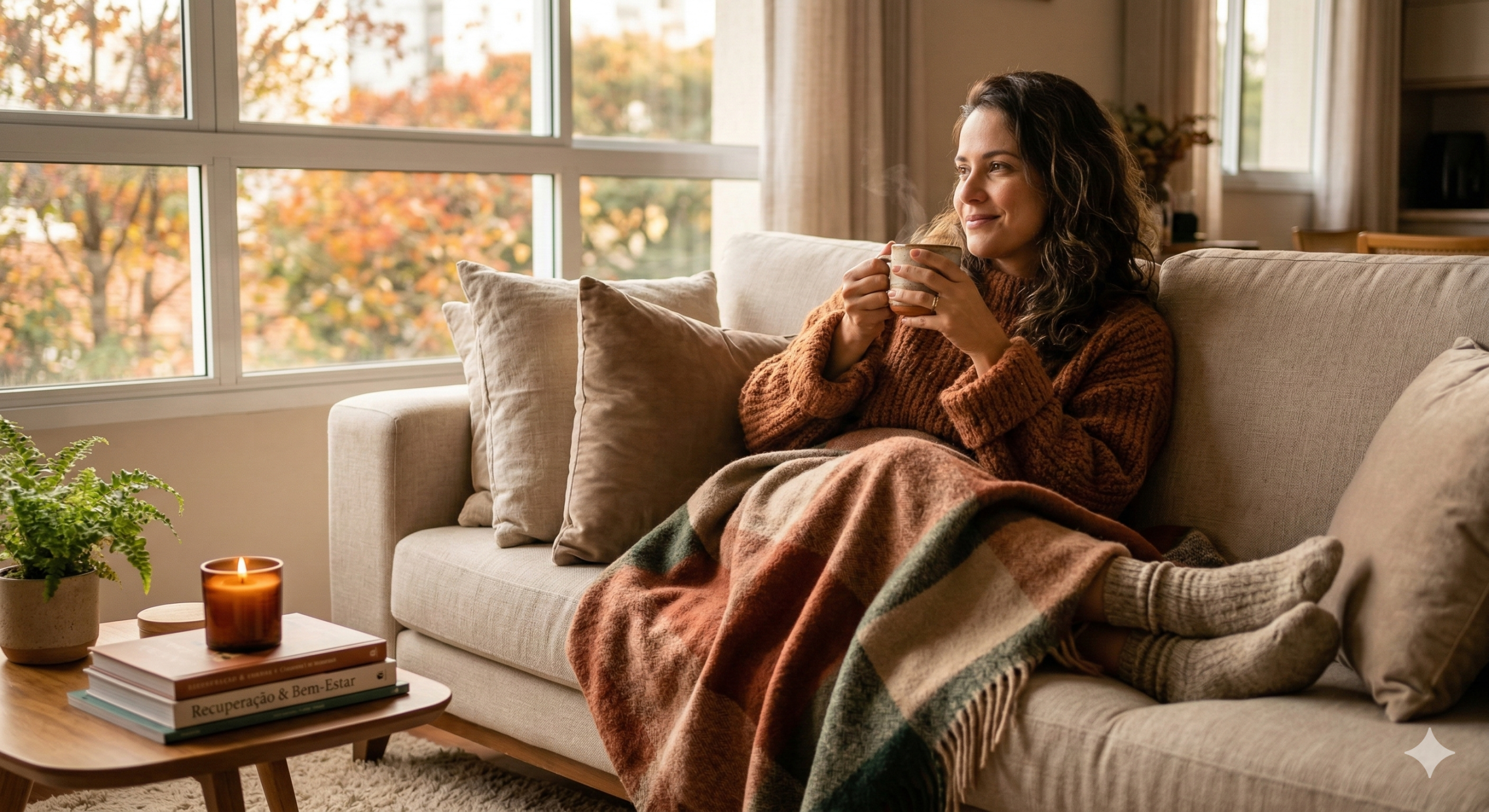 Mulher relaxando em casa durante o outono com um suéter de lã confortável e chá nas mãos, transmitindo o conforto e o acolhimento ideais para um pós-operatório sem o incômodo do suor.