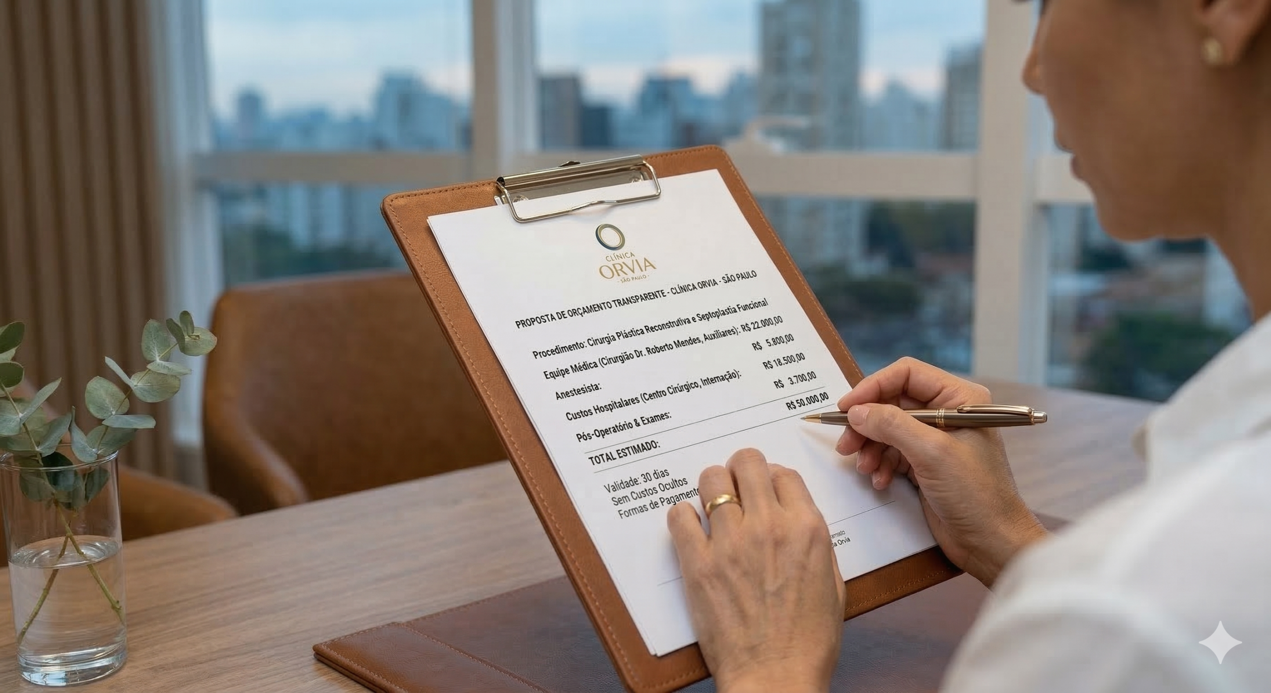 Foco nas mãos de um paciente analisando uma proposta de orçamento transparente em uma prancheta de couro elegante, simbolizando clareza, honestidade e respeito pelo dinheiro do paciente.
