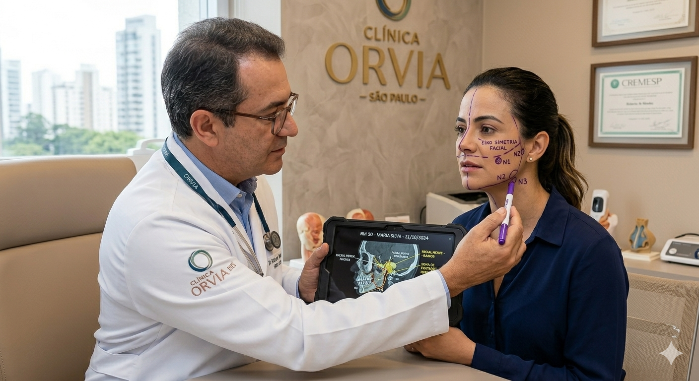 Médico especialista analisando a simetria facial de uma paciente e demarcando áreas de nódulos, focado na reconstrução e proteção das estruturas nervosas.