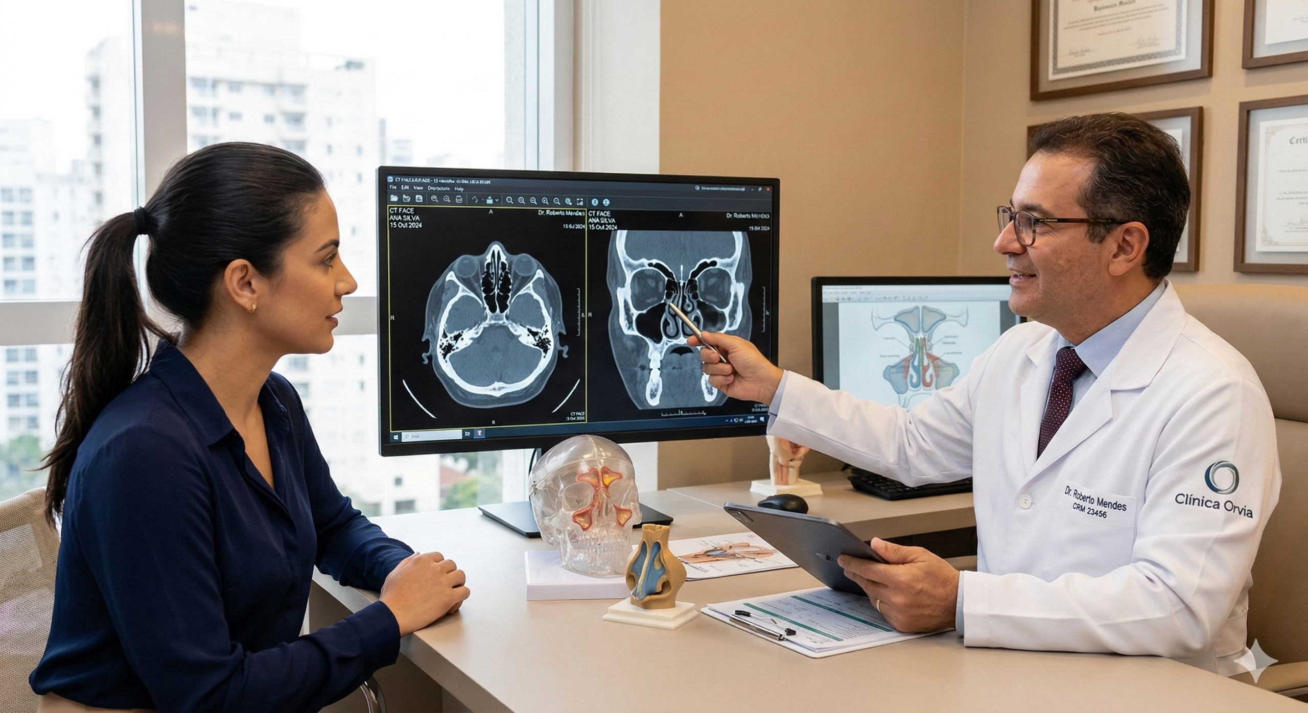 Médico especialista analisando uma tomografia da face de uma paciente, explicando a anatomia profunda do desvio de septo e o planejamento funcional pré-operatório.