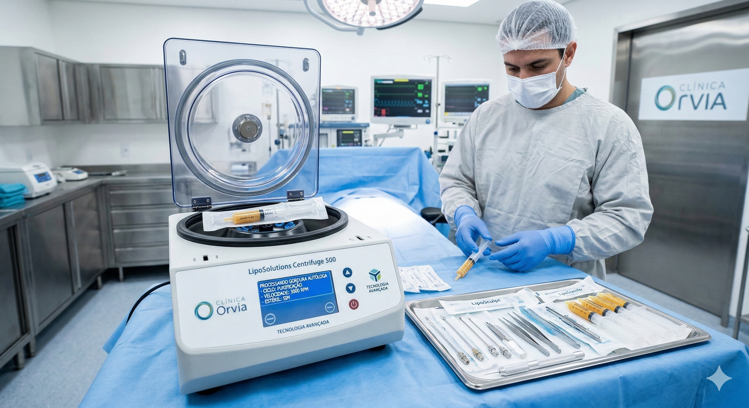 Foco em material cirúrgico estéril e centrífuga de purificação de gordura corporal, destacando a altíssima segurança e tecnologia do preenchimento autólogo na Clínica Orvia.