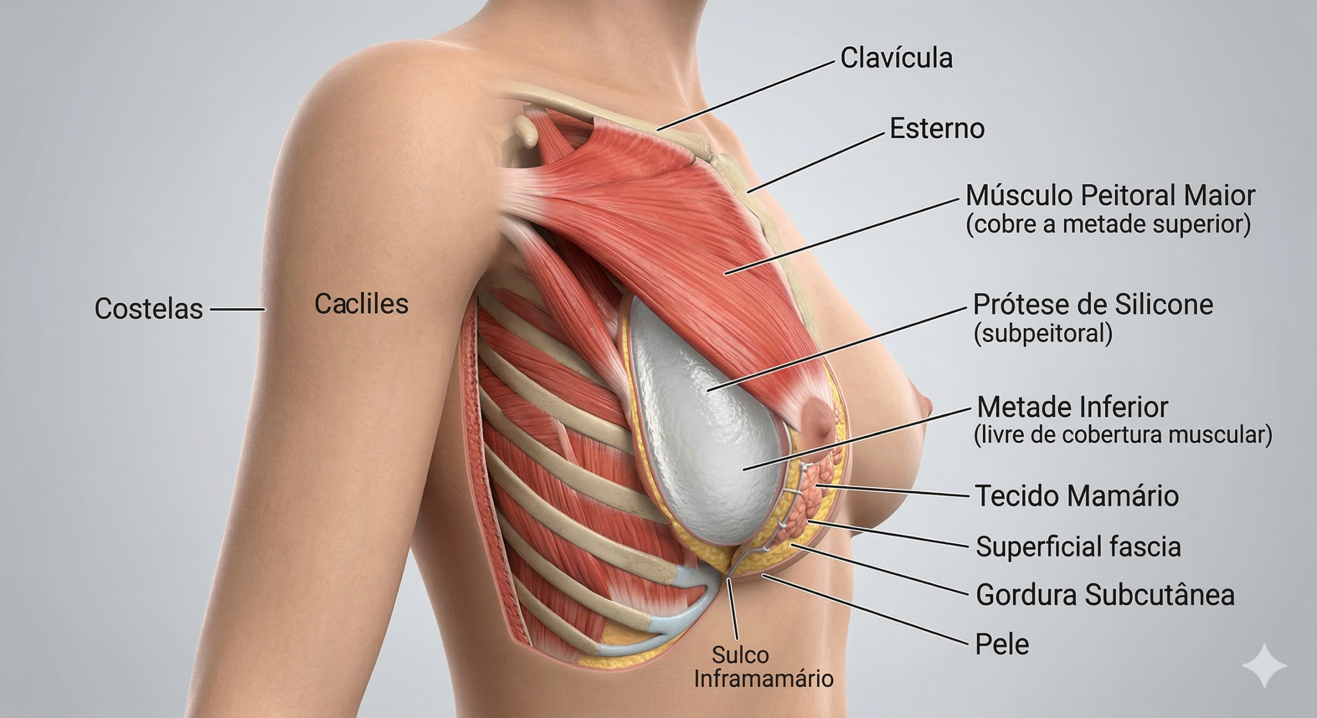 Ilustração médica 3D de alta qualidade mostrando um corte sagital do tórax, demonstrando a metade superior da prótese protegida pelo músculo peitoral e a metade inferior livre.