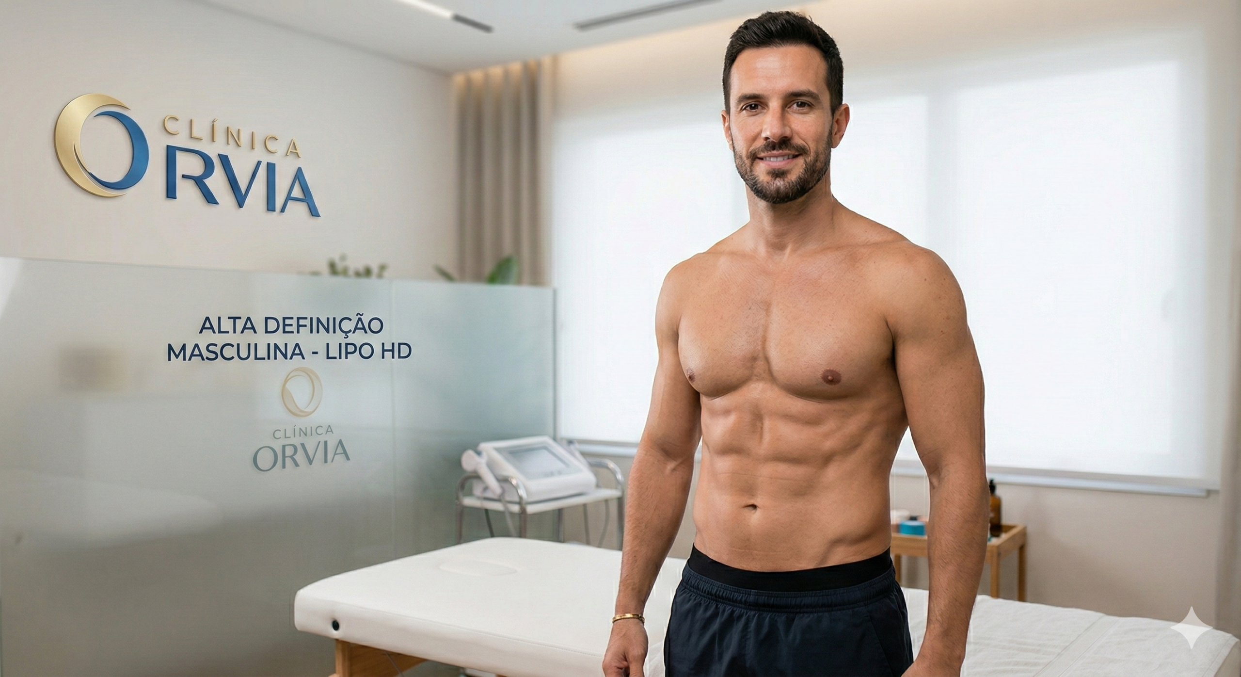 Tórax masculino definido, com a marcação sutil dos oblíquos e do peitoral, demonstrando os resultados de alta definição para homens (Lipo HD) na Clínica Orvia.