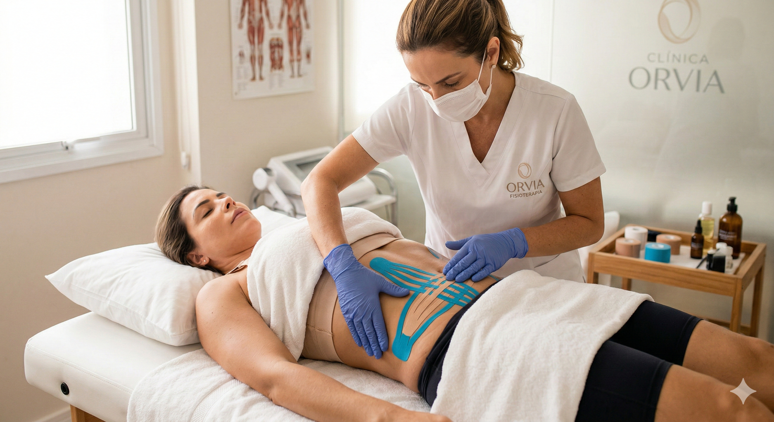 Fisioterapeuta realizando drenagem linfática e ajustes de taping em um abdômen após cirurgia de Lipo HD, mostrando cuidado e técnica.
