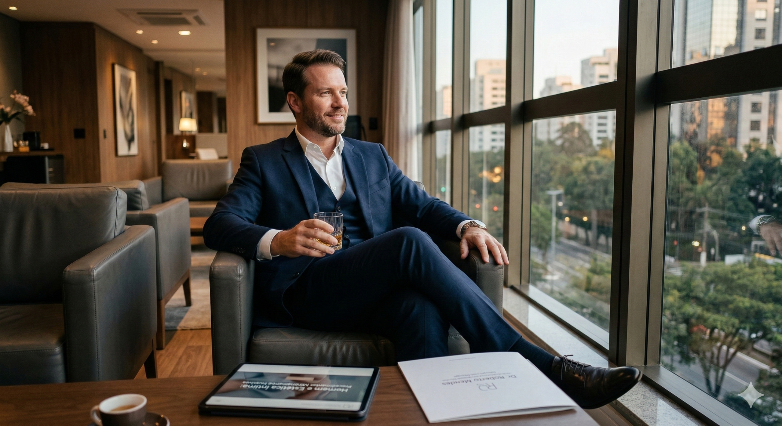 Homem de negócios bem-sucedido e com boa aparência, sentado confortavelmente após uma consulta discreta sobre opções minimamente invasivas para aprimoramento da estética íntima.