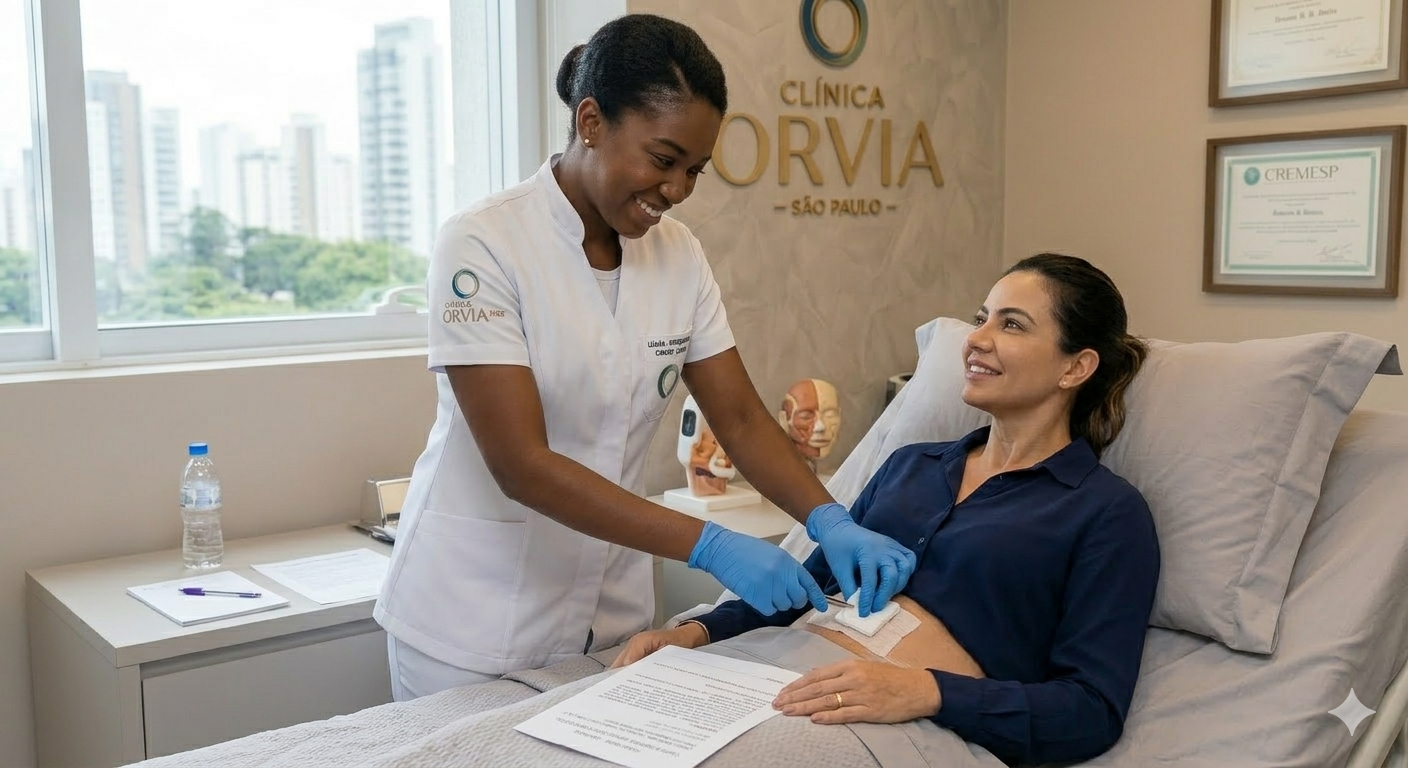 Enfermeira sorridente e carinhosa trocando os curativos e orientando uma paciente deitada na cama do quarto hospitalar da Clínica Orvia, simbolizando empatia, segurança e cuidado pós-operatório.