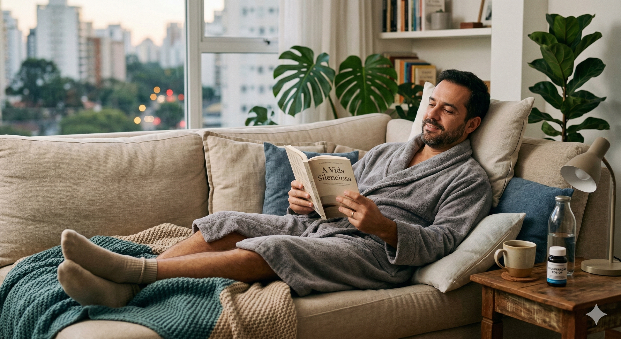 Homem bem-sucedido e com boa aparência, deitado confortavelmente em casa, feliz com o resultado minimamente invasivas para aprimoramento da estética íntima.