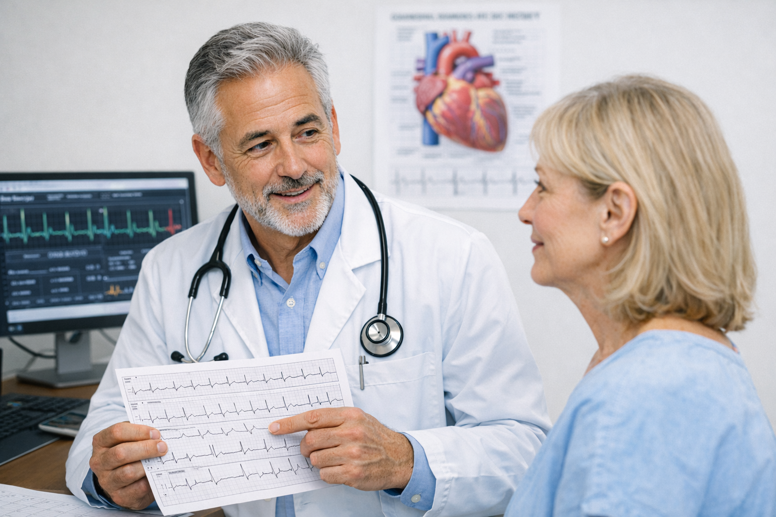 Médico cardiologista analisando os gráficos detalhados de um eletrocardiograma e conversando de forma tranquilizadora com a paciente na fase de risco cirúrgico pré-operatório.