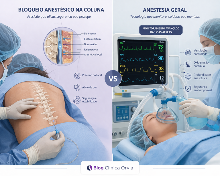 Esquema visual ou ilustração delicada mostrando a precisão do bloqueio anestésico na coluna em contraste com o monitoramento avançado das vias aéreas na anestesia geral.