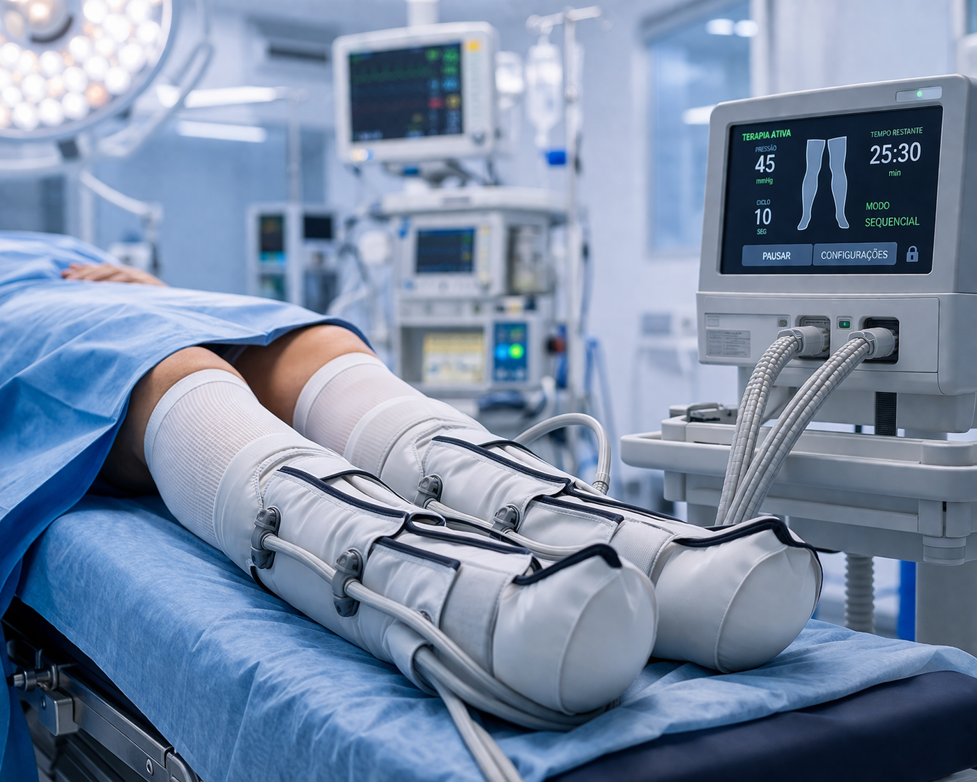 Foco nas pernas de uma paciente deitada na maca do bloco operatório, envolvidas por meias brancas de compressão e botas pneumáticas ligadas a um monitor hospitalar digital.