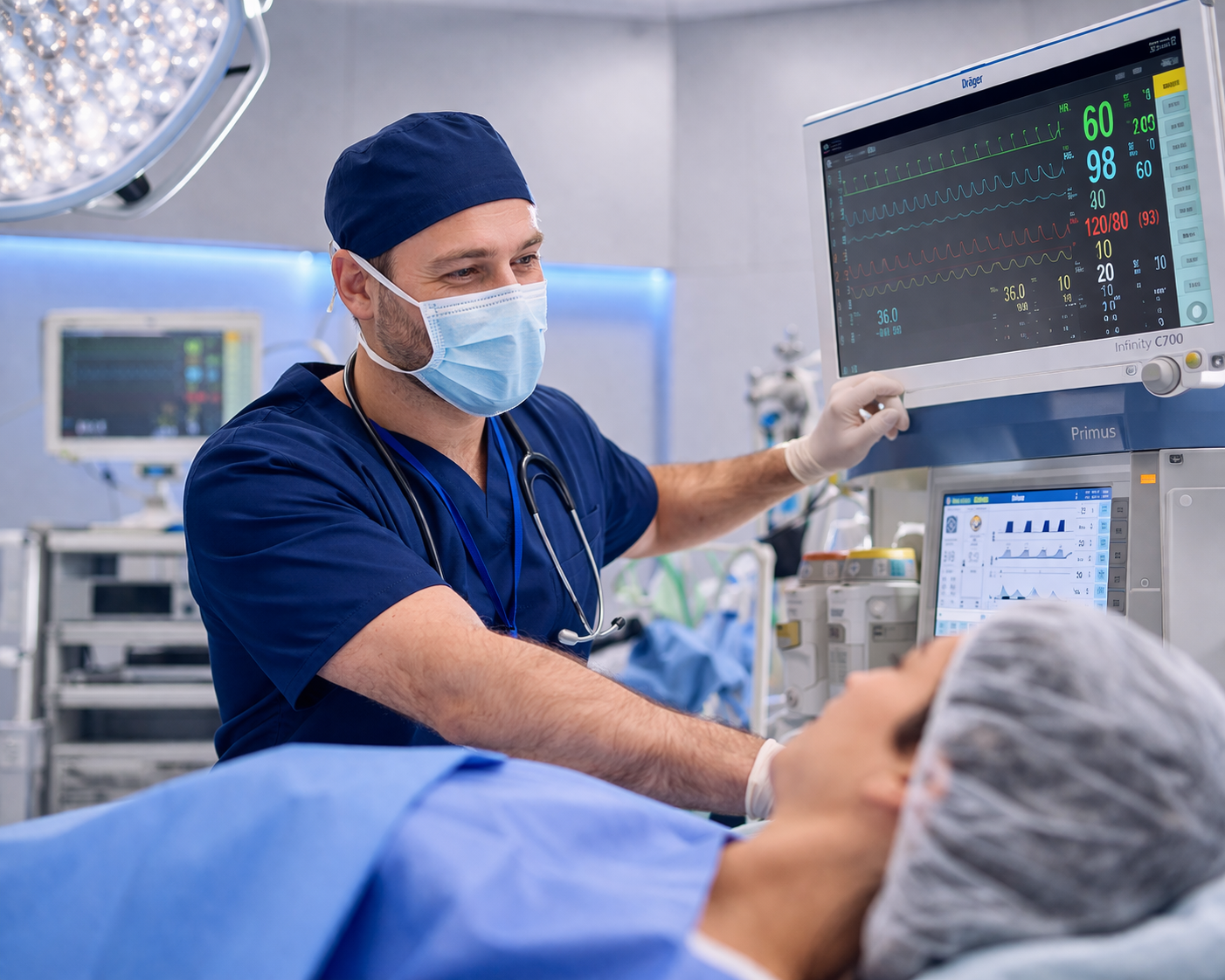 Médico Anestesiologista sorridente e focado, ajustando os monitores multiparamétricos em um centro cirúrgico de última geração, transmitindo extrema calma e segurança para a paciente.