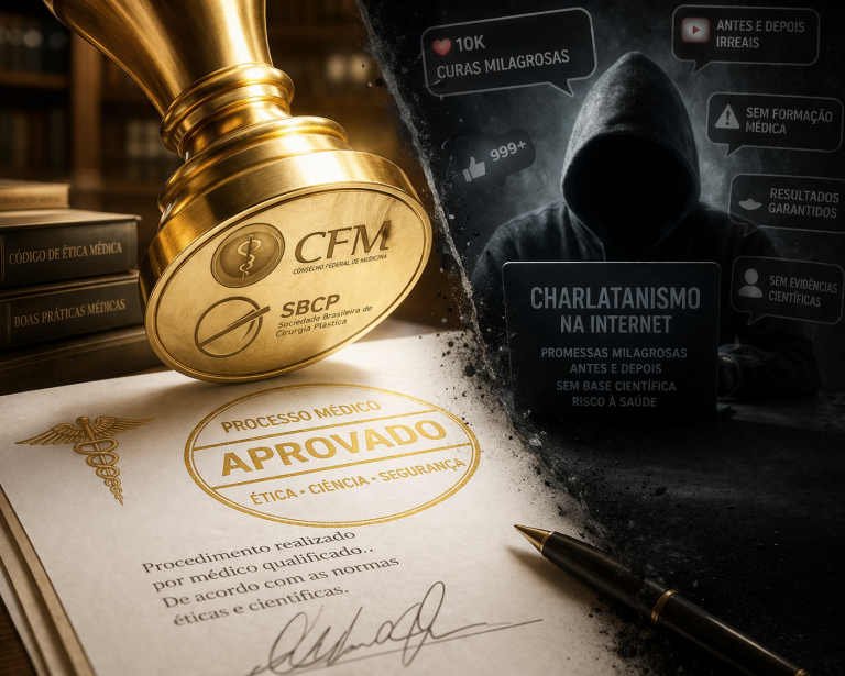 Imagem impactante mostrando o brasão dourado do Conselho Federal de Medicina (CFM) e da SBCP carimbando um processo médico em contraste com a escuridão do charlatanismo na internet